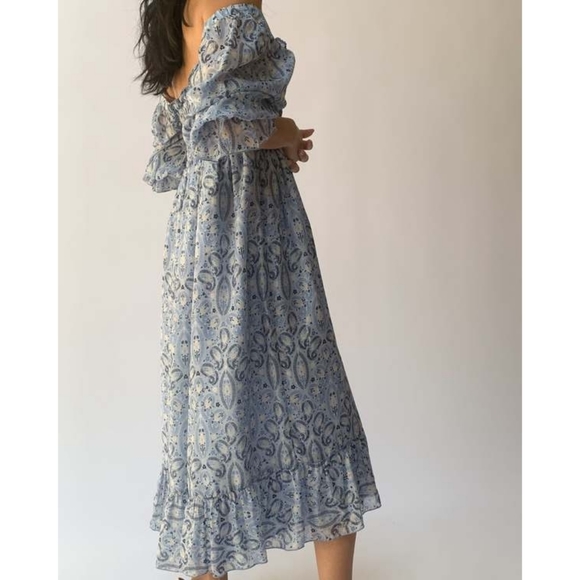 Anna Sui Dresses & Skirts - Anna Sui Dress Midi Silk-Blend Chiffon Smocked Romantic Gustavian Blue Paisley